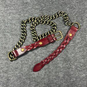 Chic Linea Pelle Red Brown Leather Belt Brass‎ Chain 80s 90s Look